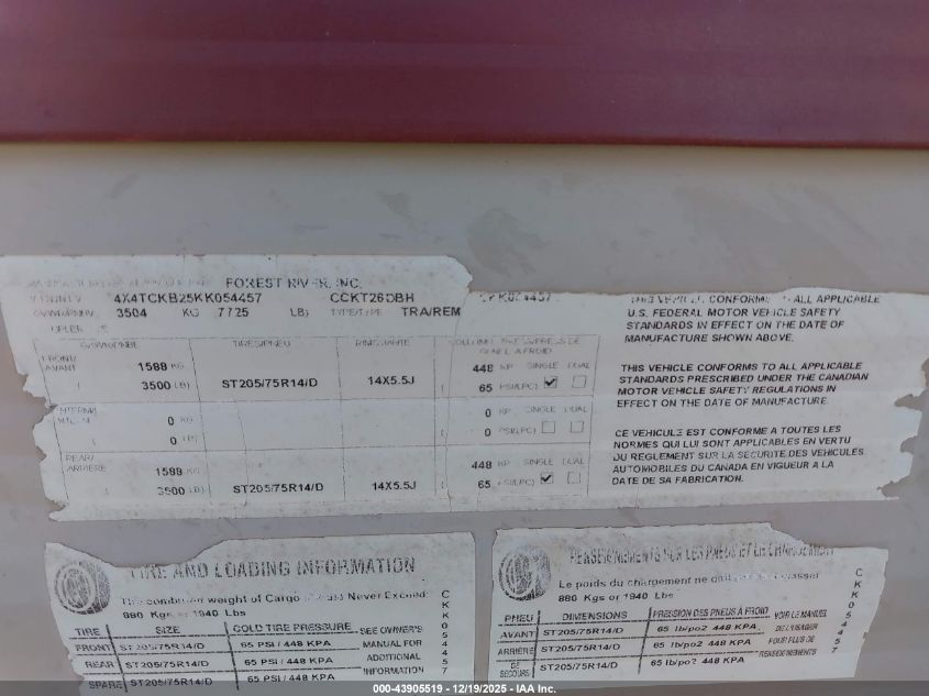 2019 Forest River Other VIN: 4X4TCKB25KK054457 Lot: 43905519