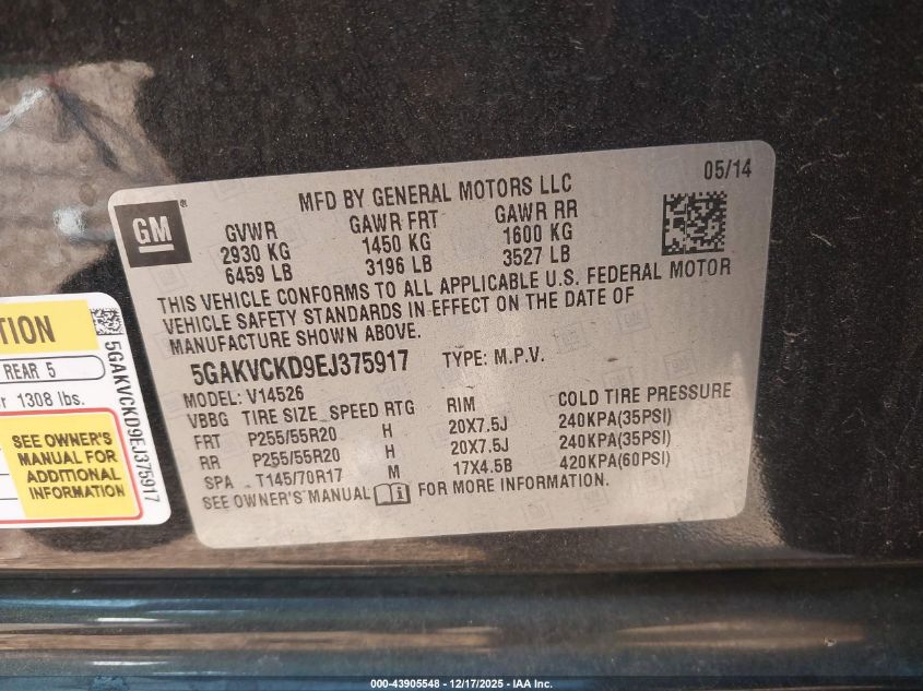 2014 Buick Enclave Premium VIN: 5GAKVCKD9EJ375917 Lot: 43905548