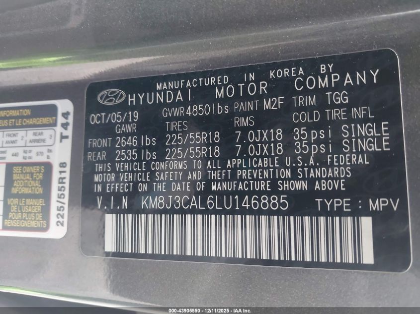 2020 Hyundai Tucson Sel VIN: KM8J3CAL6LU146885 Lot: 43905550