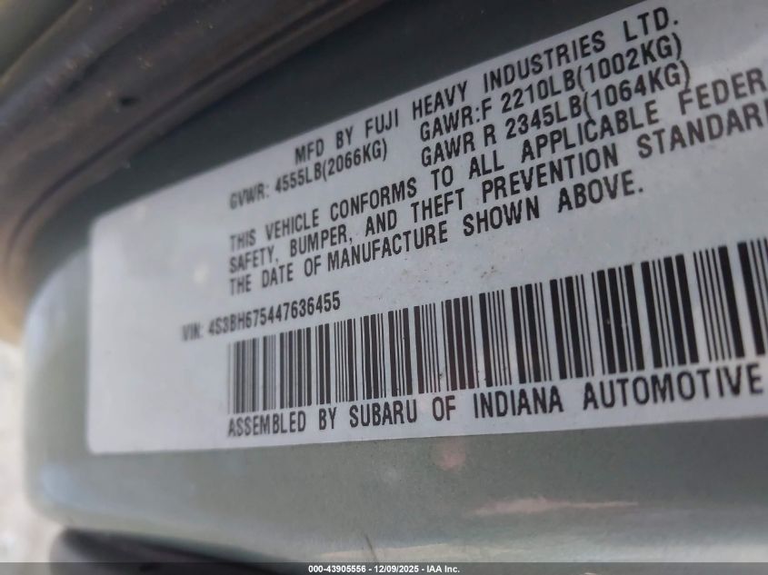 2004 Subaru Outback VIN: 4S3BH675447636455 Lot: 43905556