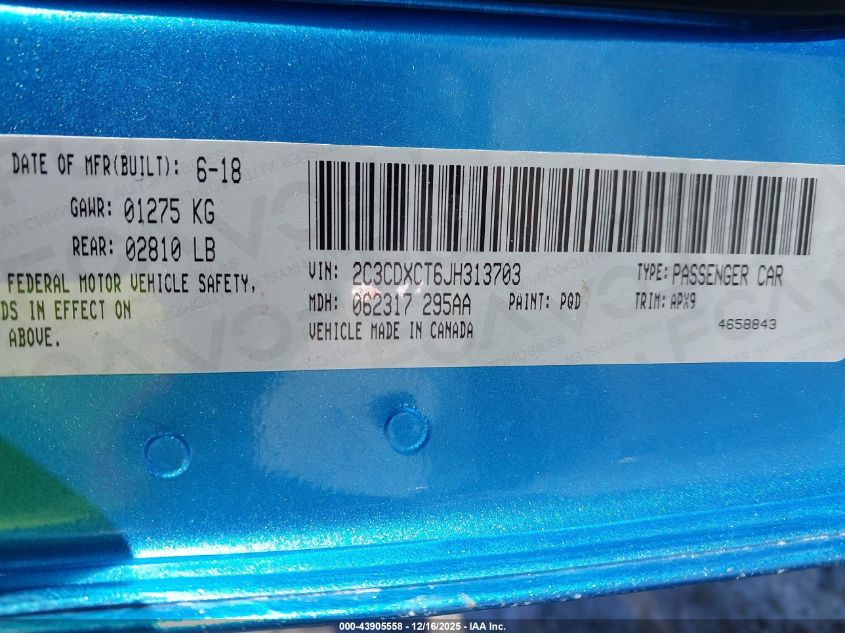 2018 Dodge Charger R/T Rwd VIN: 2C3CDXCT6JH313703 Lot: 43905558