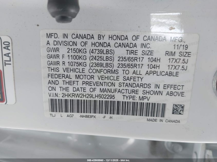 2020 Honda Cr-V Awd Lx VIN: 2HKRW2H29LH602295 Lot: 43905560