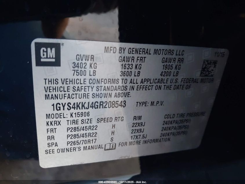 2016 Cadillac Escalade Esv Platinum VIN: 1GYS4KKJ4GR208543 Lot: 43905565