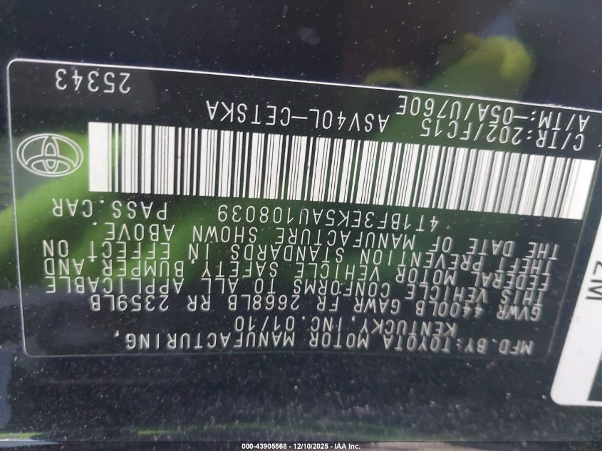 2010 Toyota Camry Se VIN: 4T1BF3EK5AU108039 Lot: 43905568