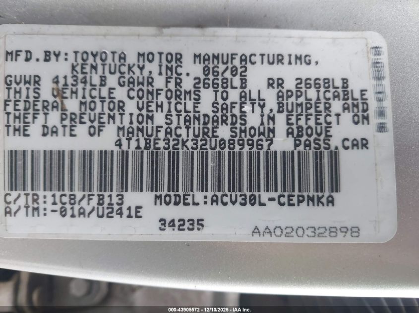 2002 Toyota Camry Le VIN: 4T1BE32K32U089967 Lot: 43905572