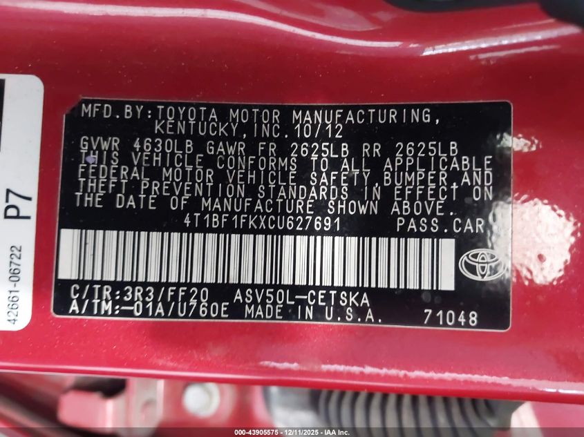 2012 Toyota Camry Se VIN: 4T1BF1FKXCU627691 Lot: 43905575