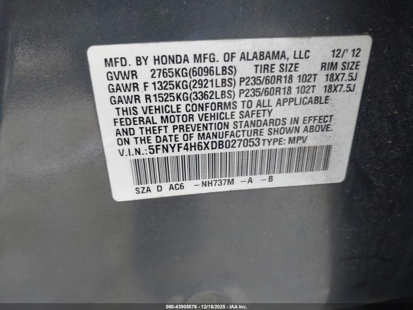 2013 Honda Pilot Ex-L VIN: 5FNYF4H6XDB027053 Lot: 43905576