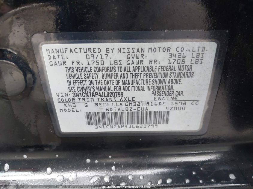 2018 Nissan Versa 1.6 Sv VIN: 3N1CN7AP4JL820799 Lot: 43905580