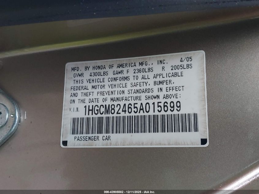 2005 Honda Accord 3.0 Lx Special Edition VIN: 1HGCM82465A015699 Lot: 43905582
