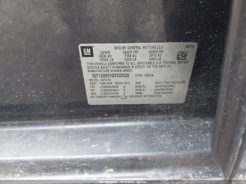 2016 GMC Sierra 2500Hd Denali VIN: 1GT12UE81GF222526 Lot: 43905584