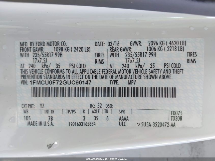 2016 Ford Escape S VIN: 1FMCU0F72GUC90147 Lot: 43905594