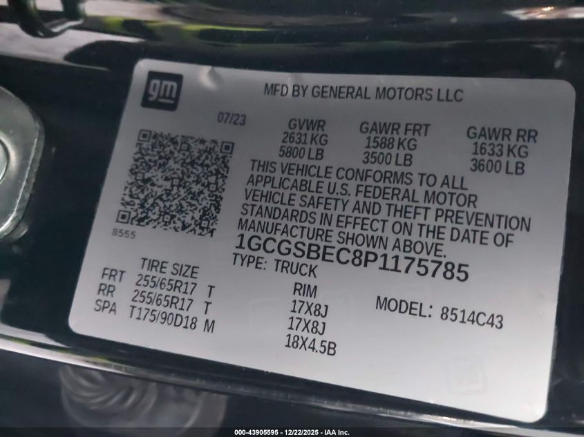 2023 Chevrolet Colorado 2Wd Short Box Wt VIN: 1GCGSBEC8P1175785 Lot: 43905595