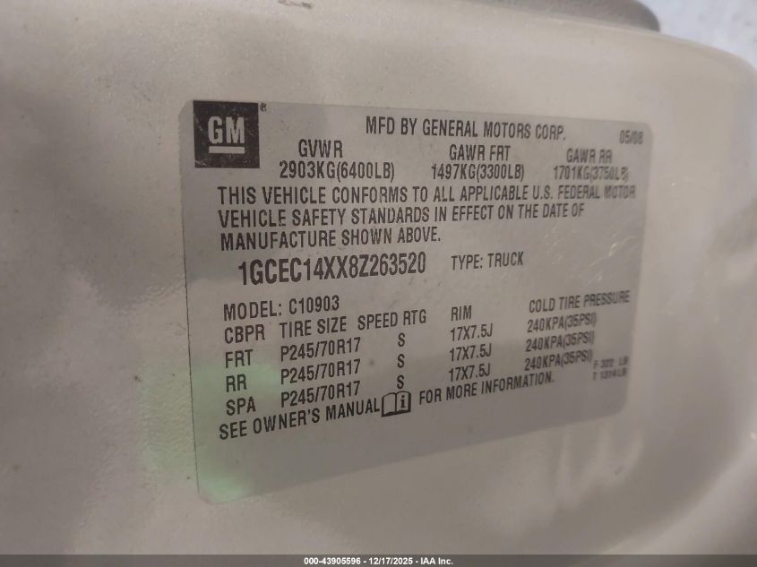 2008 Chevrolet Silverado 1500 Work Truck VIN: 1GCEC14XX8Z263520 Lot: 43905596