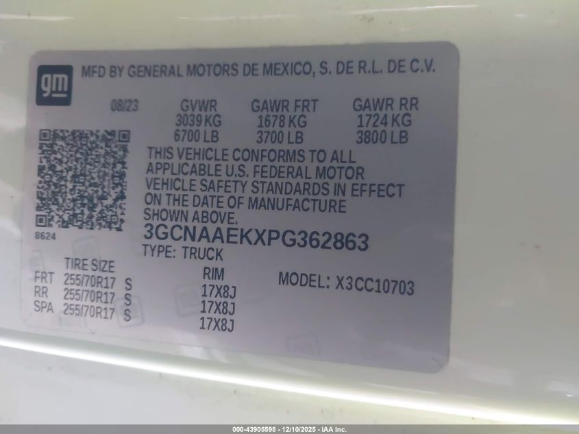 2023 Chevrolet Silverado 1500 2Wd Standard Bed Wt VIN: 3GCNAAEKXPG362863 Lot: 43905598