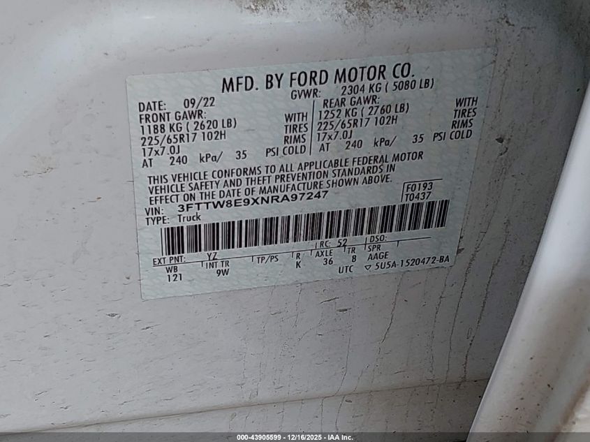 2022 Ford Maverick Xl VIN: 3FTTW8E9XNRA97247 Lot: 43905599