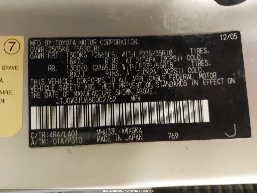 2006 Lexus Rx 400H VIN: JTJGW31U660002762 Lot: 43905604