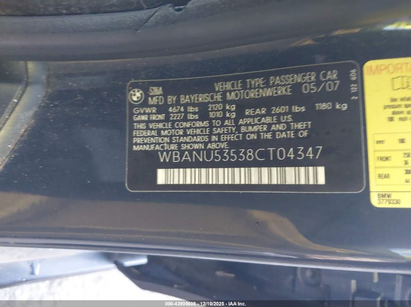 2008 BMW 528I VIN: WBANU53538CT04347 Lot: 43905608