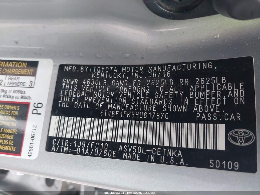 2017 Toyota Camry Le VIN: 4T1BF1FK5HU617870 Lot: 43905624