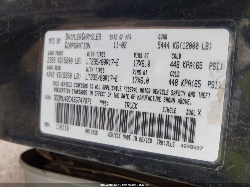 2003 Dodge Ram 3500 Slt/Laramie/St VIN: 3D3MU48C43G747071 Lot: 43905637