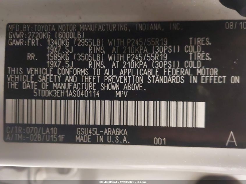 2010 Toyota Highlander Limited V6 VIN: 5TDDK3EH1AS040114 Lot: 43905641