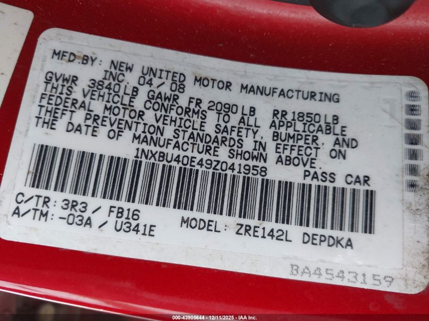 2009 Toyota Corolla Le VIN: 1NXBU40E49Z041958 Lot: 43905644