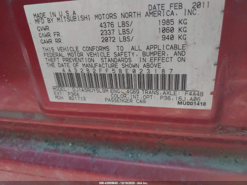 2011 Mitsubishi Galant Fe VIN: 4A32B2FF5BE023187 Lot: 42717394