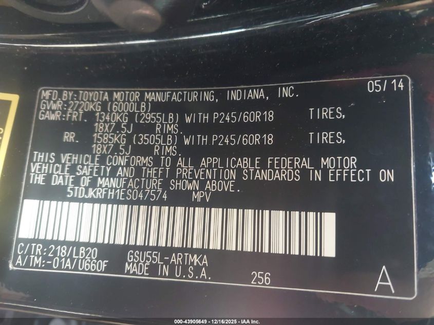 2014 Toyota Highlander Xle V6 VIN: 5TDJKRFH1ES047574 Lot: 43905649