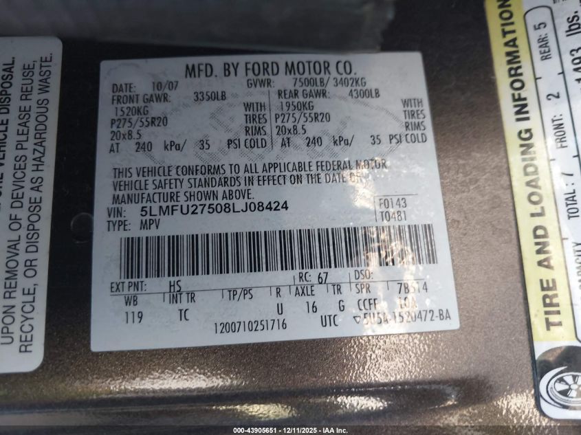 2008 Lincoln Navigator VIN: 5LMFU27508LJ08424 Lot: 43905651