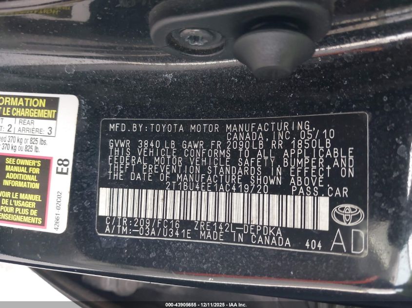 2010 Toyota Corolla Le VIN: 2T1BU4EE1AC419720 Lot: 43905655