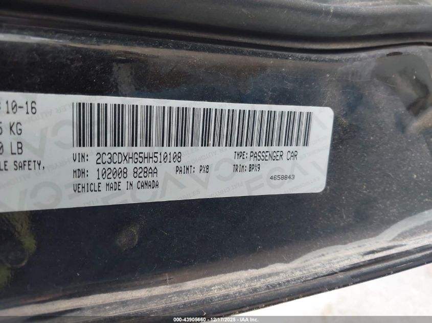 2017 Dodge Charger Sxt Rwd VIN: 2C3CDXHG5HH510108 Lot: 43905660