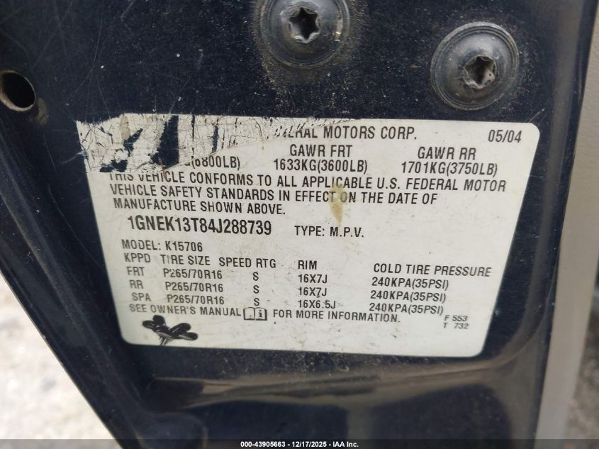 2004 Chevrolet Tahoe Ls VIN: 1GNEK13T84J288739 Lot: 43905663