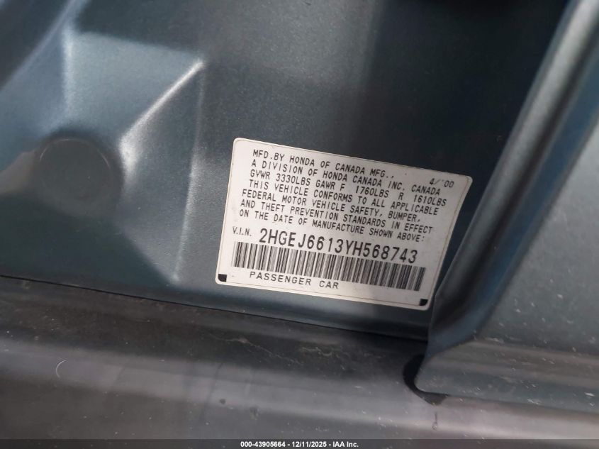 2000 Honda Civic Value Package VIN: 2HGEJ6613YH568743 Lot: 43905664