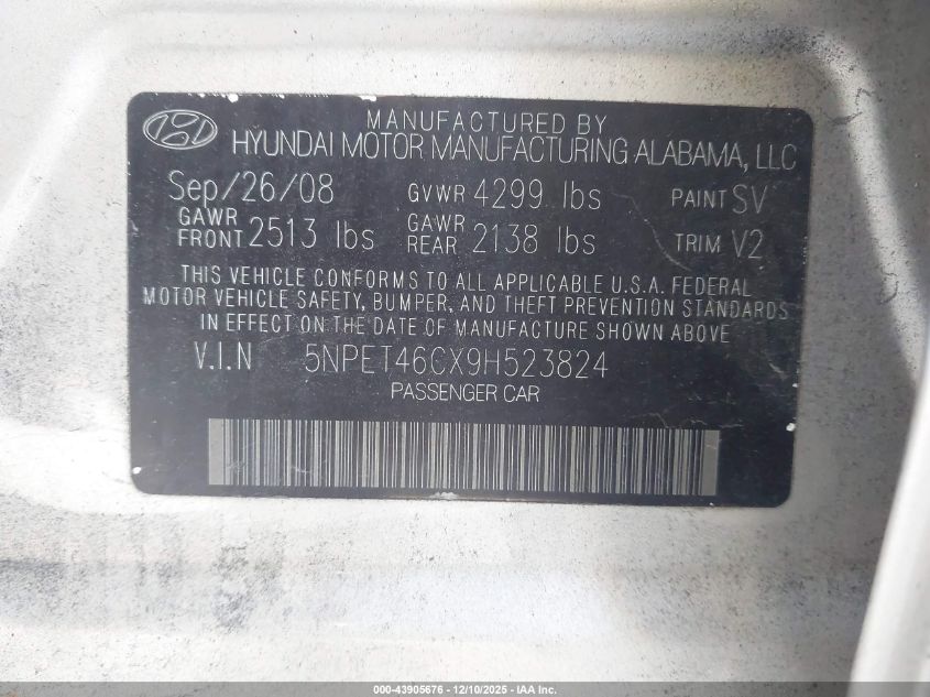 2009 Hyundai Sonata Gls VIN: 5NPET46CX9H523824 Lot: 43905676