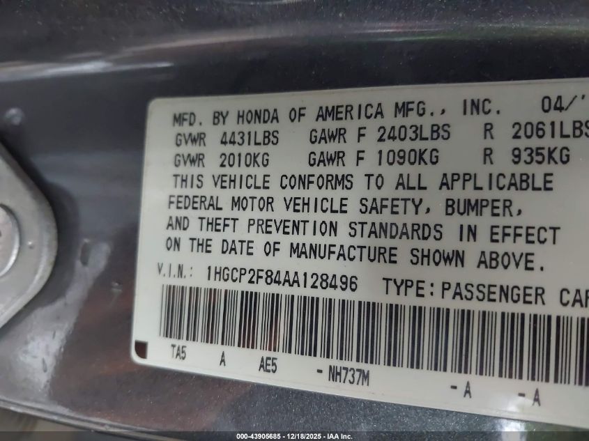 2010 Honda Accord 2.4 Ex-L VIN: 1HGCP2F84AA128496 Lot: 43905685