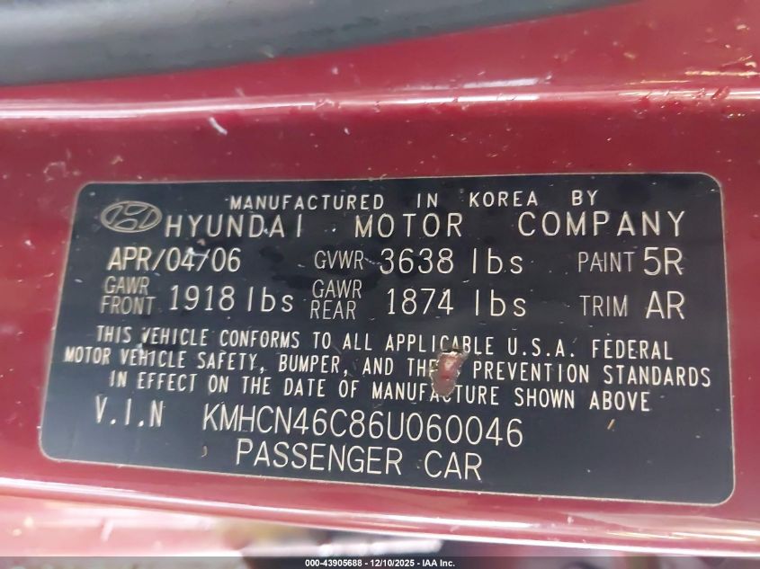 2006 Hyundai Accent Gls VIN: KMHCN46C86U060046 Lot: 43905688