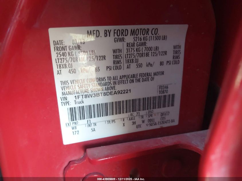 2013 Ford F-350 Lariat VIN: 1FT8W3BT8DEA92221 Lot: 43905689