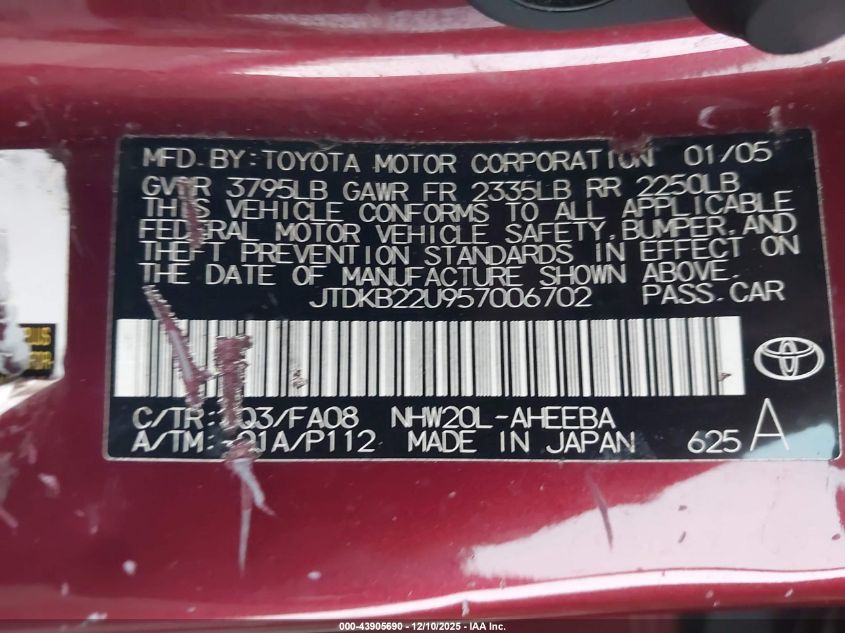 2005 Toyota Prius VIN: JTDKB22U957006702 Lot: 43905690