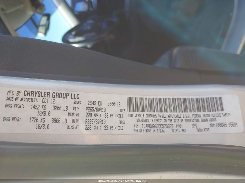 2013 Dodge Durango Sxt VIN: 1C4RDHAG9DC579869 Lot: 43905695