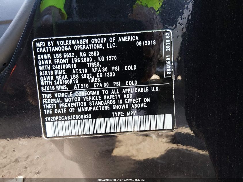2018 Volkswagen Atlas 2.0T Se/2.0T Se W/Technology VIN: 1V2DP2CA8JC600633 Lot: 43905700