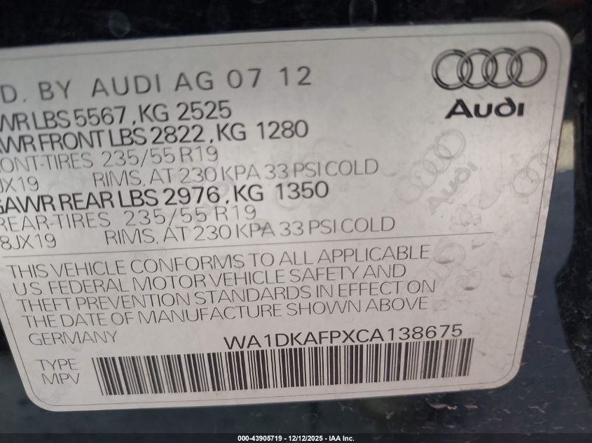 2012 Audi Q5 3.2 Premium Plus VIN: WA1DKAFPXCA138675 Lot: 43905719