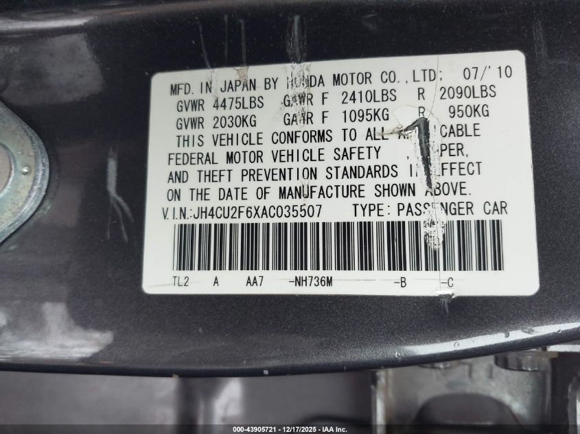 2010 Acura Tsx 2.4 VIN: JH4CU2F6XAC035507 Lot: 43905721