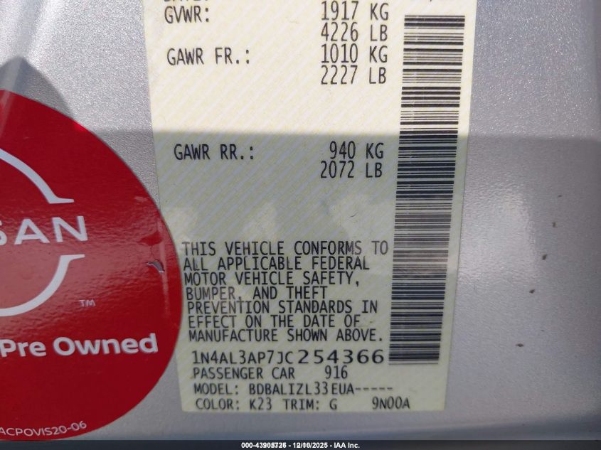 2018 Nissan Altima 2.5 Sv VIN: 1N4AL3AP7JC254366 Lot: 43905726