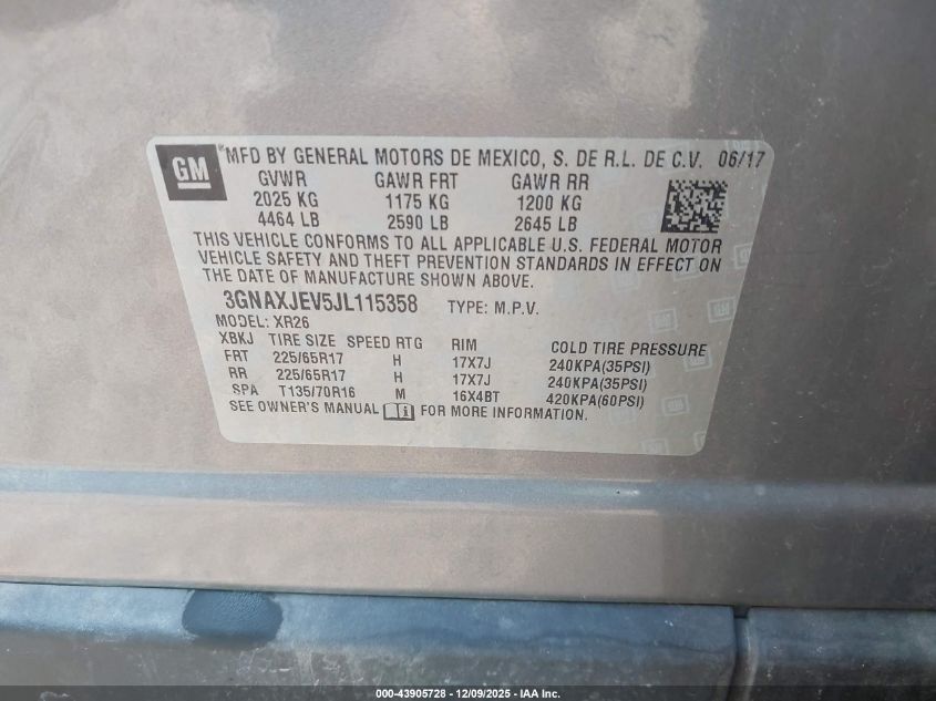 2018 Chevrolet Equinox Lt VIN: 3GNAXJEV5JL115358 Lot: 43905728