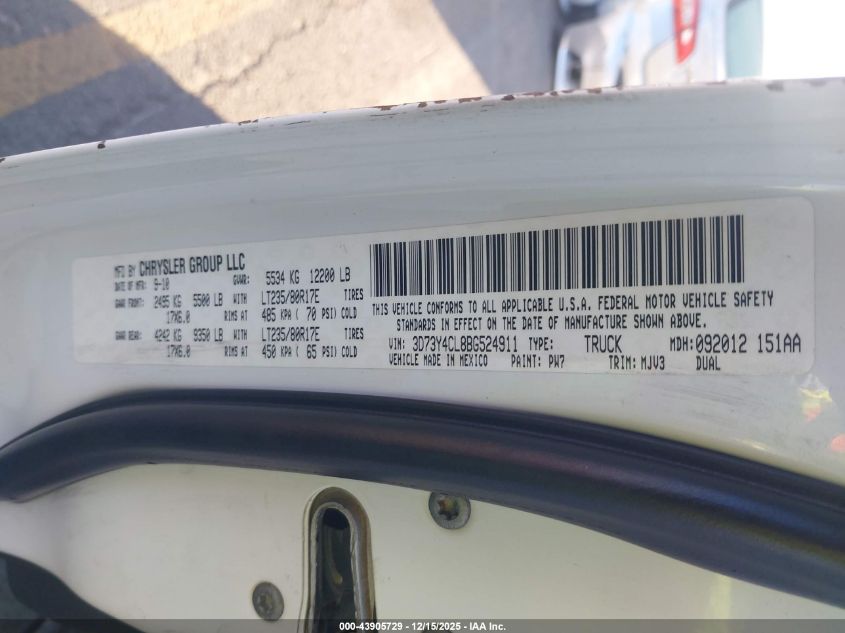 2011 Ram Ram 3500 Slt VIN: 3D73Y4CL8BG524911 Lot: 43905729