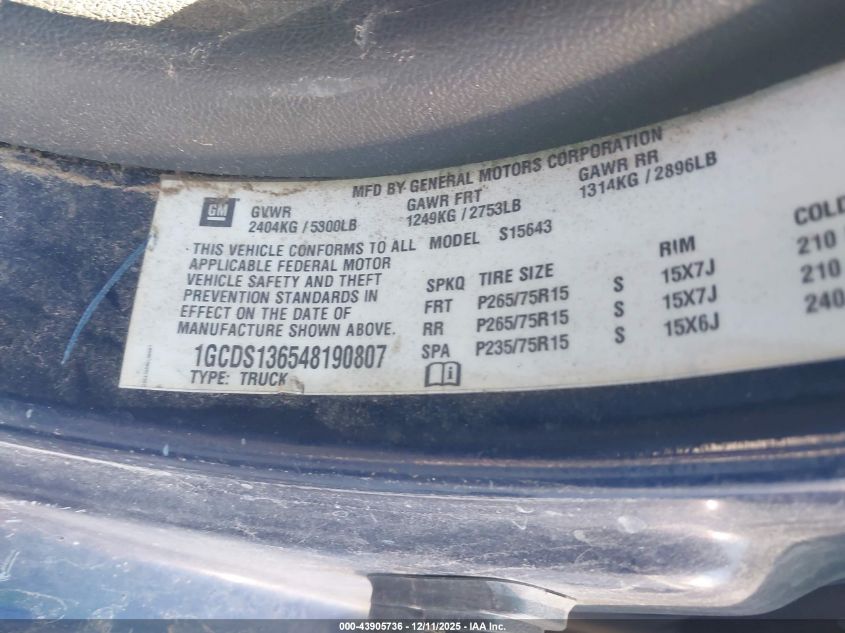 2004 Chevrolet Colorado Ls VIN: 1GCDS136548190807 Lot: 43905736