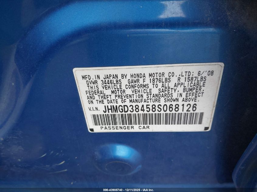 2008 Honda Fit VIN: JHMGD38458S068126 Lot: 43905740