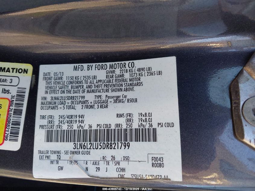 2013 Lincoln Mkz Hybrid VIN: 3LN6L2LU5DR821799 Lot: 43905743