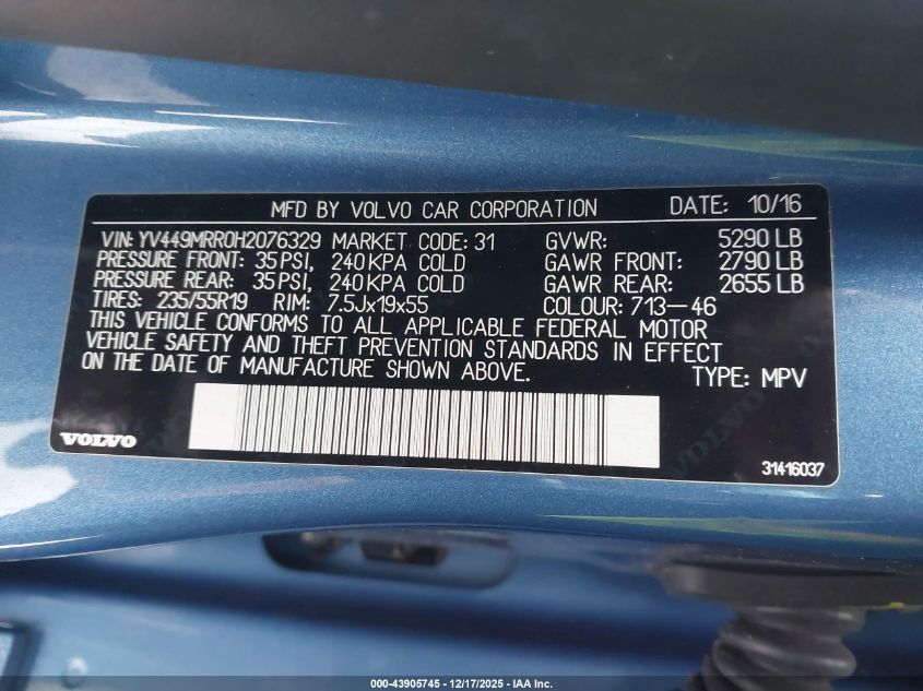 2017 Volvo Xc60 T6 Dynamic VIN: YV449MRR0H2076329 Lot: 43905745