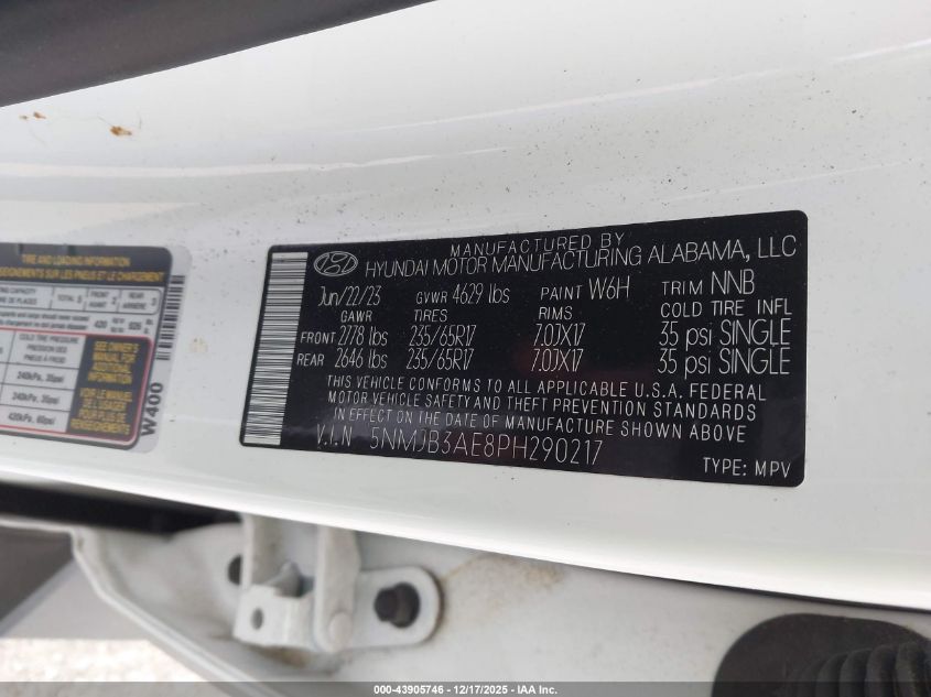 2023 Hyundai Tucson VIN: 5NMJB3AE8PH290217 Lot: 43905746