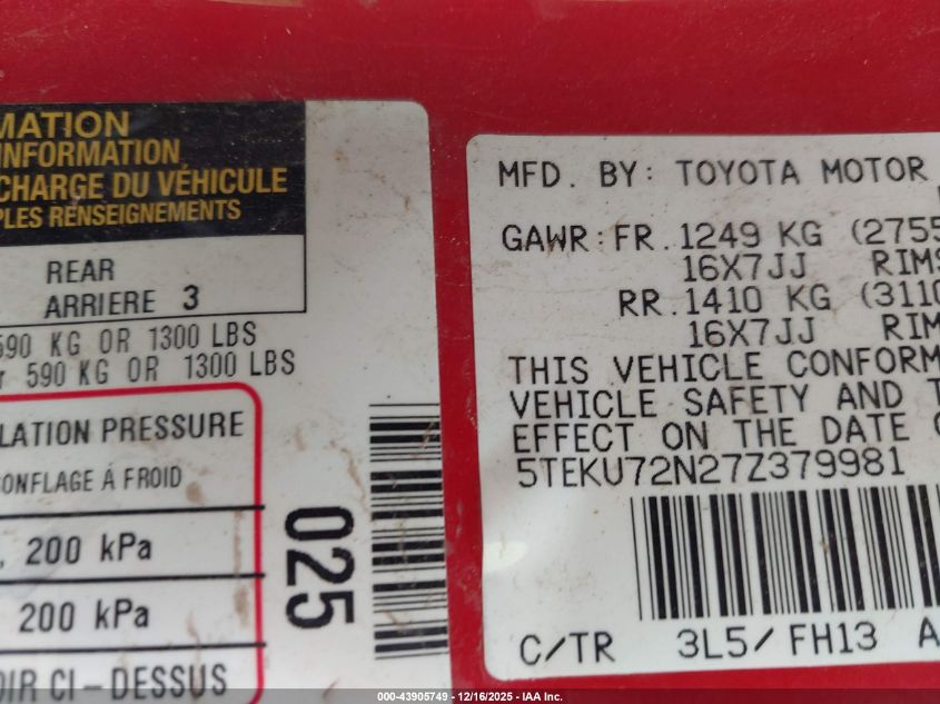 2007 Toyota Tacoma Prerunner V6 VIN: 5TEKU72N27Z379981 Lot: 43905749